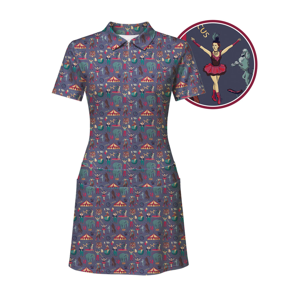 Amazing Circus women's short sleeve golf dress, close-up of the circus acrobat print