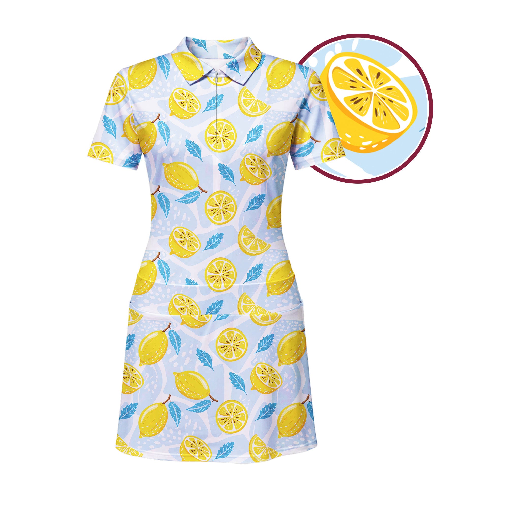Blue Tropical Fresh Lemon With Mint Leaves Short Sleeve Dress, Women's Golf Polo Dress, Golf Dress, M
