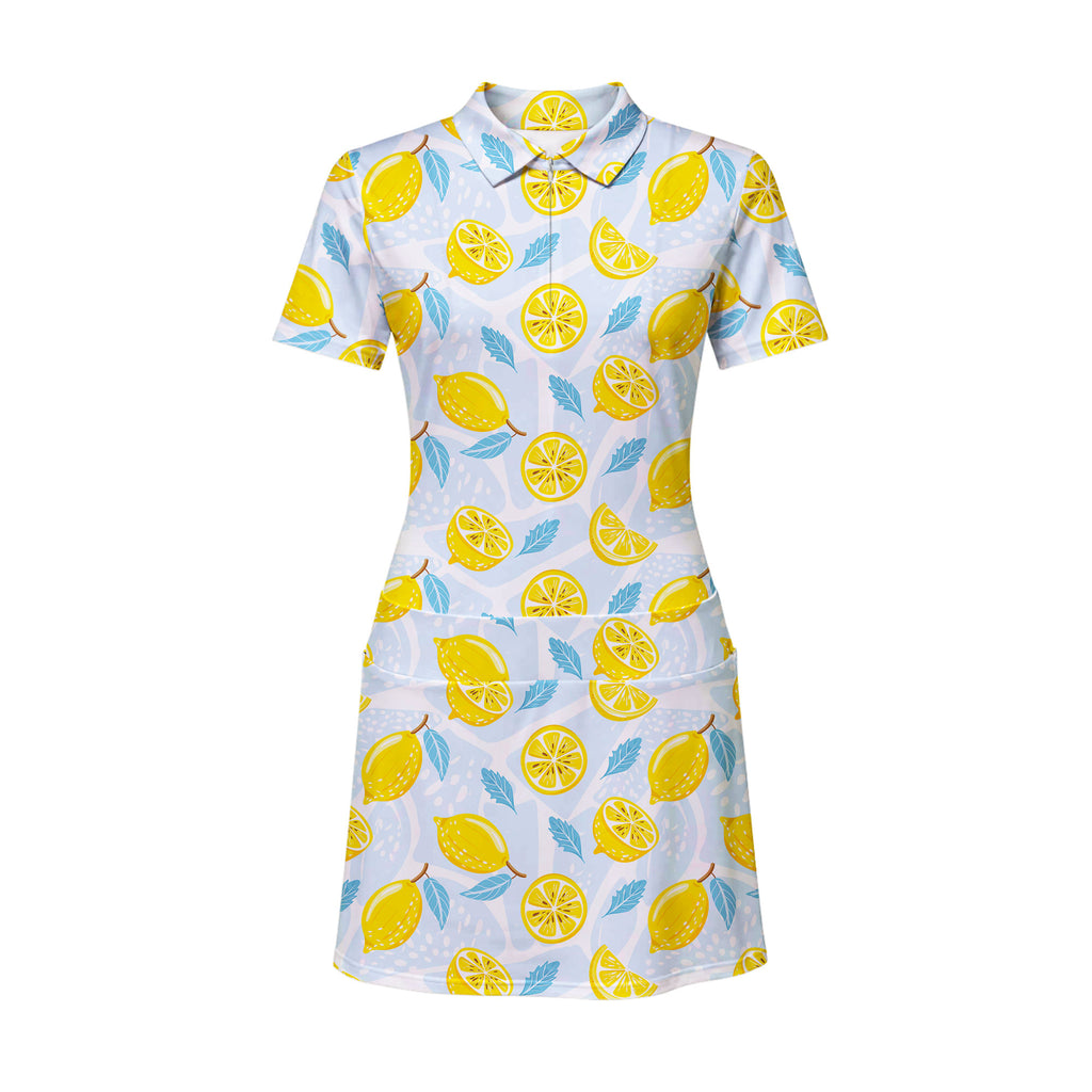 Blue Tropical Fresh Lemon With Mint Leaves Short Sleeve Dress
