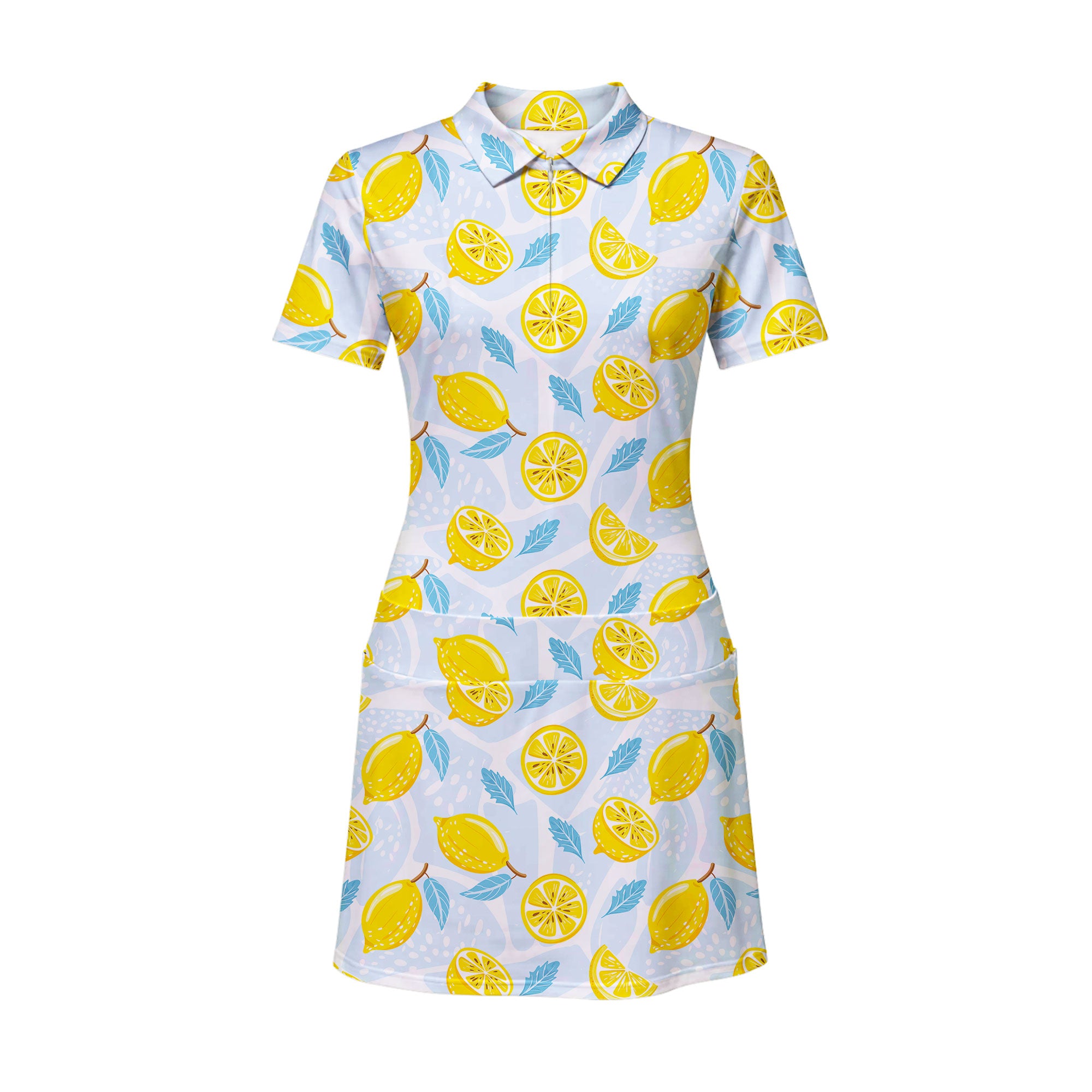Blue Tropical Fresh Lemon With Mint Leaves Short Sleeve Dress