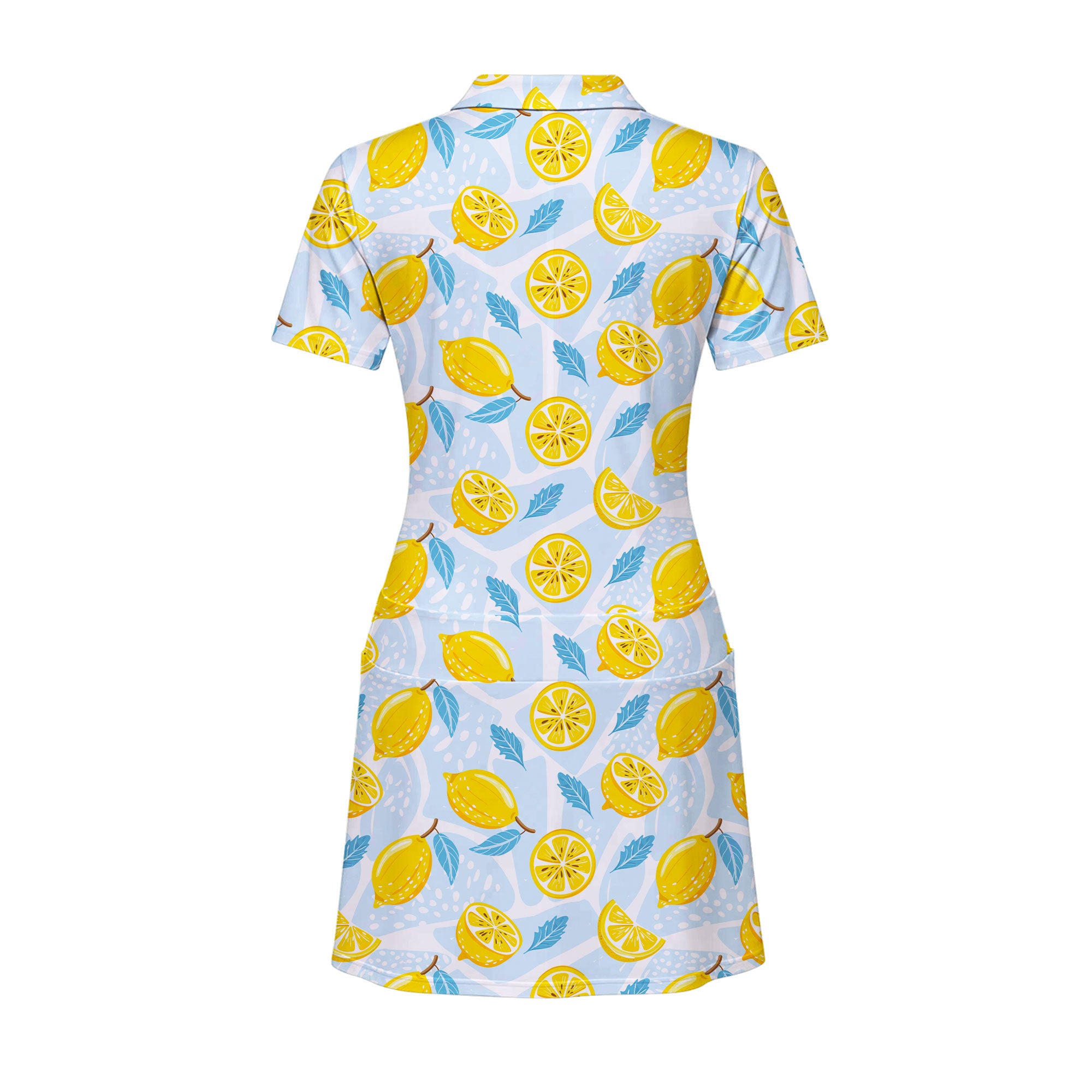 Blue Tropical Fresh Lemon With Mint Leaves Short Sleeve Dress