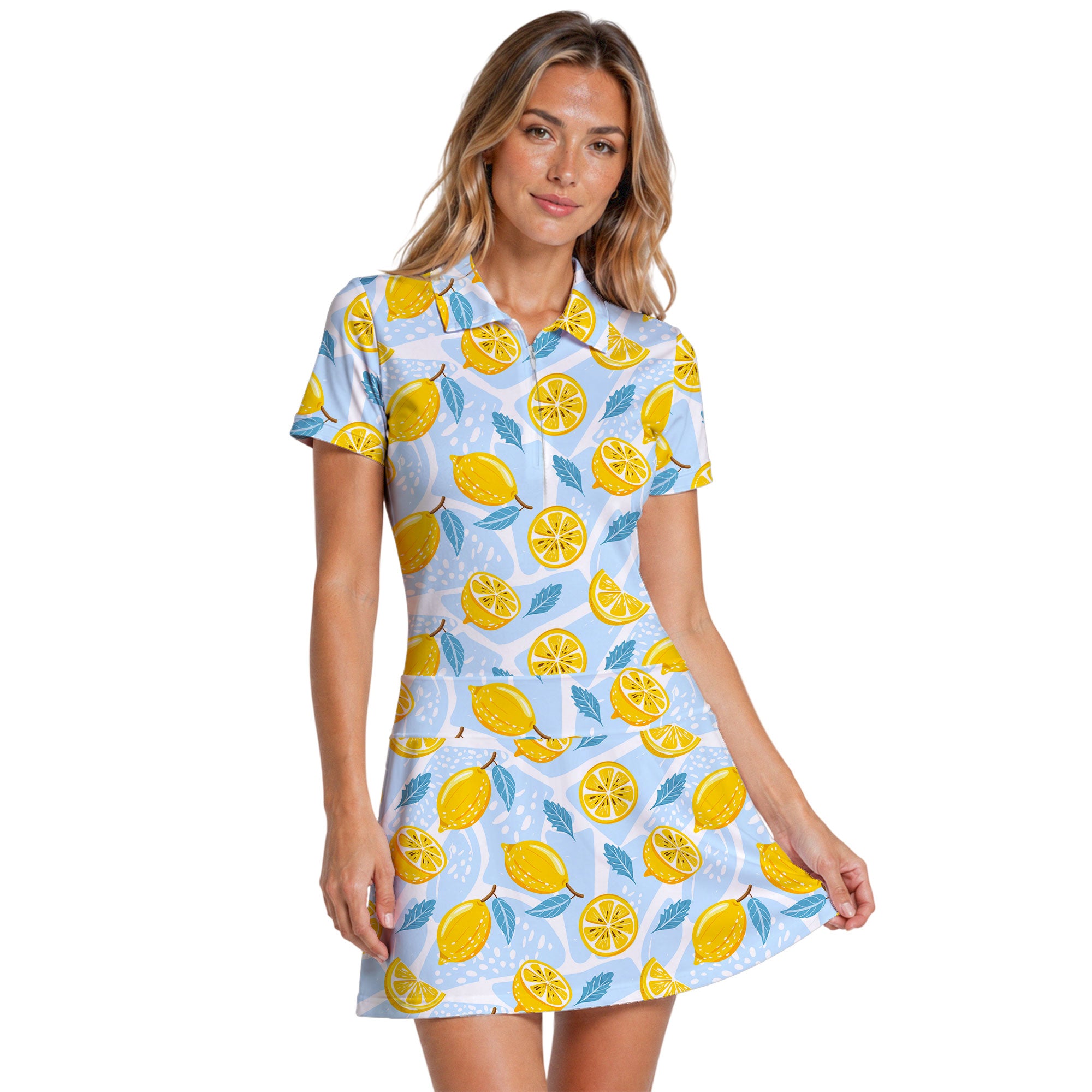 Blue Tropical Fresh Lemon With Mint Leaves Short Sleeve Dress
