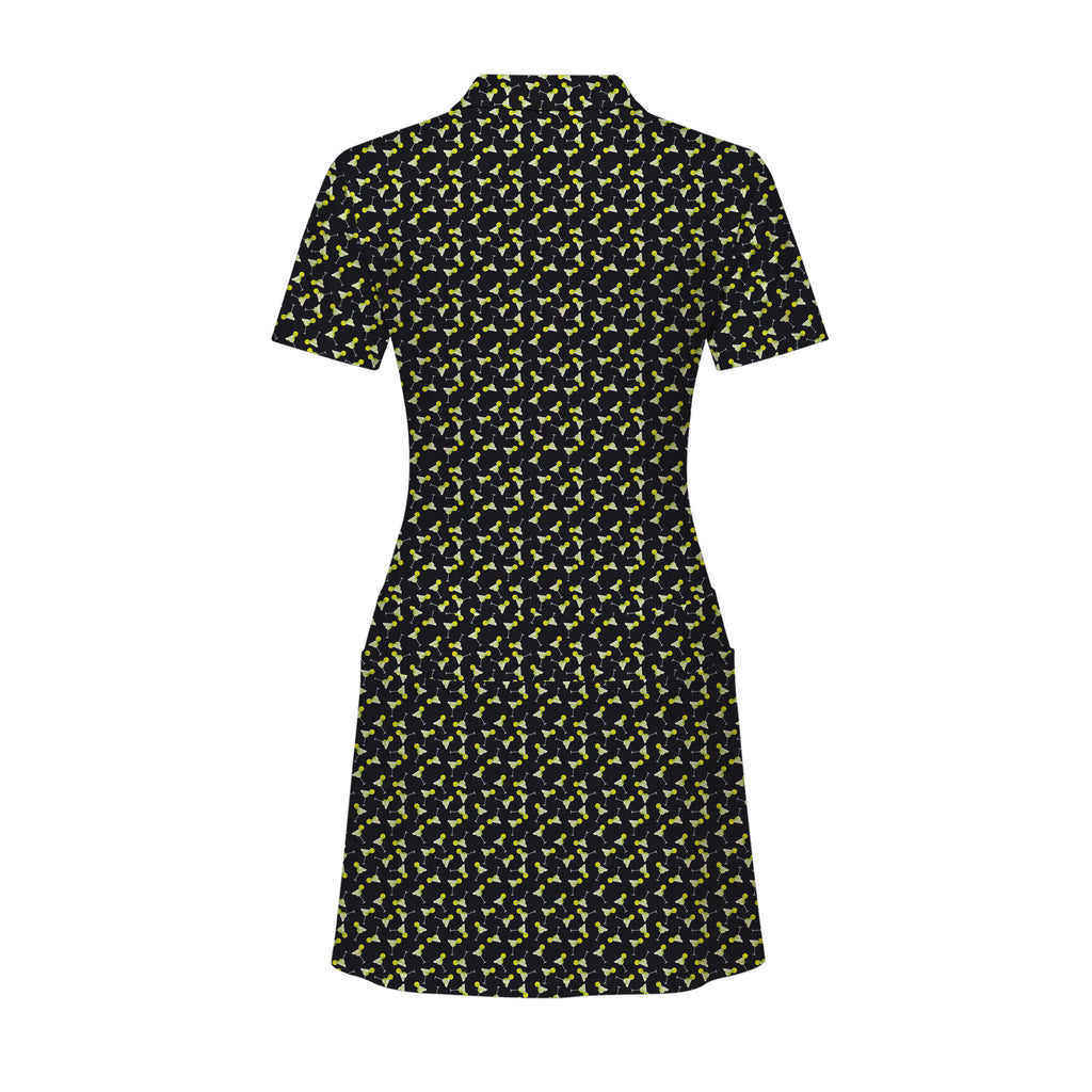 19th Hole Margarita Cocktail Slice Lime women's short sleeve golf dress in Black, back flat lay