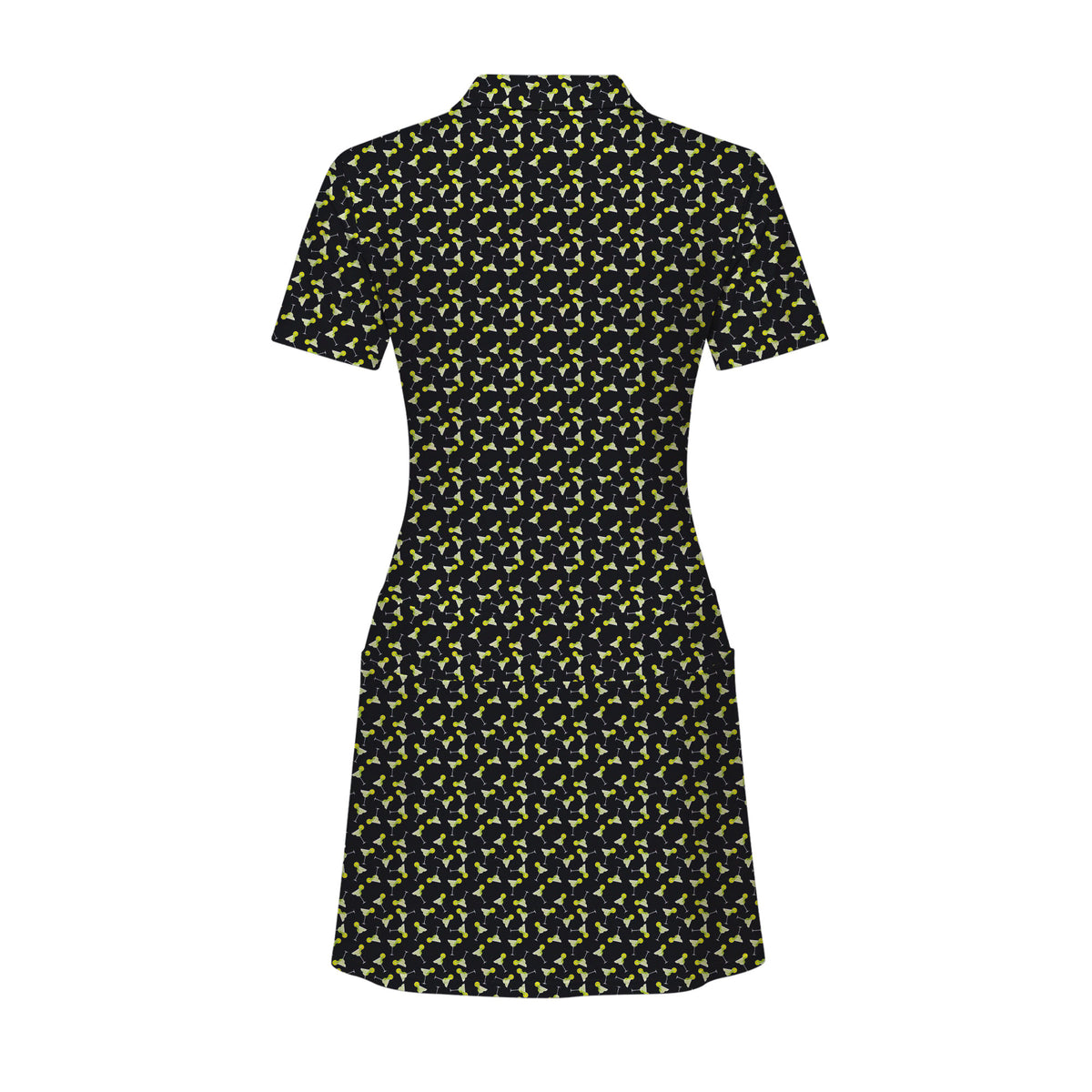 19th Hole Margarita Cocktail Slice Lime women's short sleeve golf dress in Black, back flat lay
