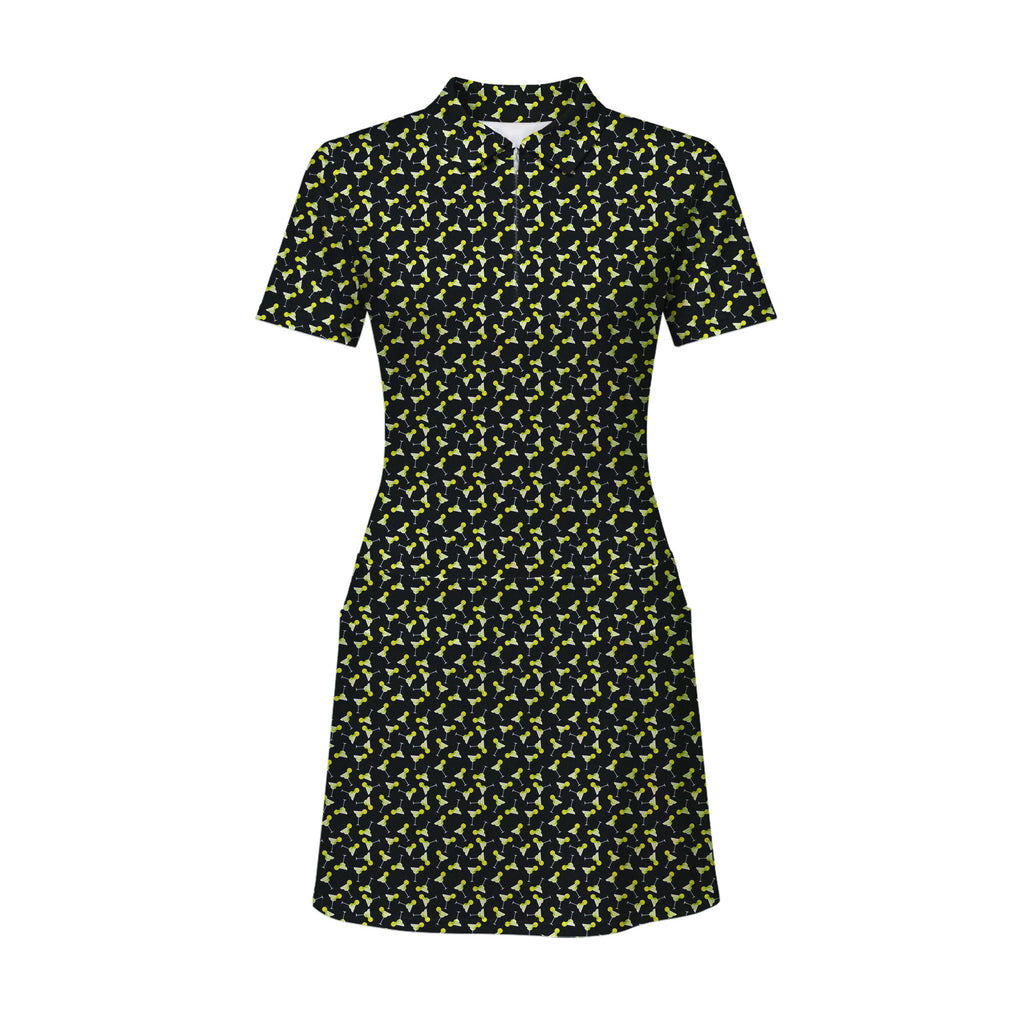 19th Hole Margarita Cocktail Slice Lime women's short sleeve golf dress in Black, front flat lay