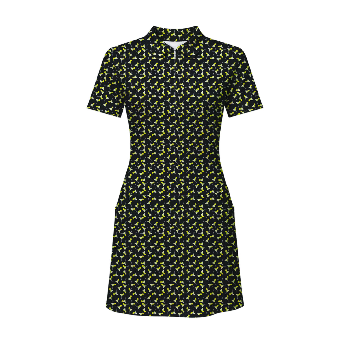19th Hole Margarita Cocktail Slice Lime women's short sleeve golf dress in Black, front flat lay