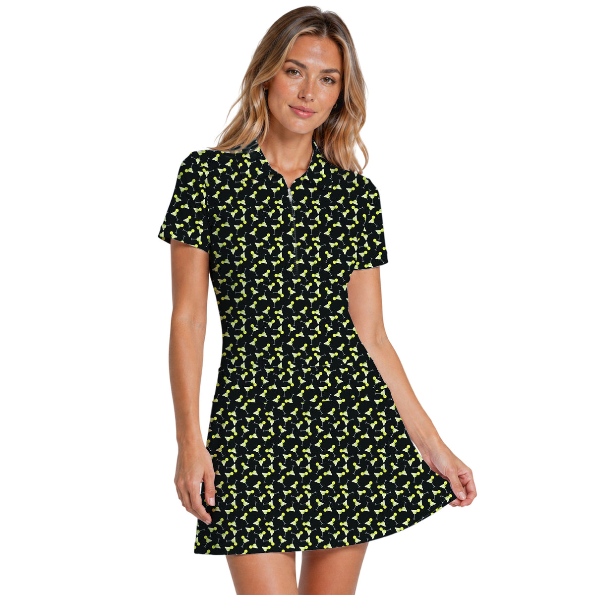 19th Hole Margarita Cocktail Slice Lime golf dress in Black on a golfer, front view