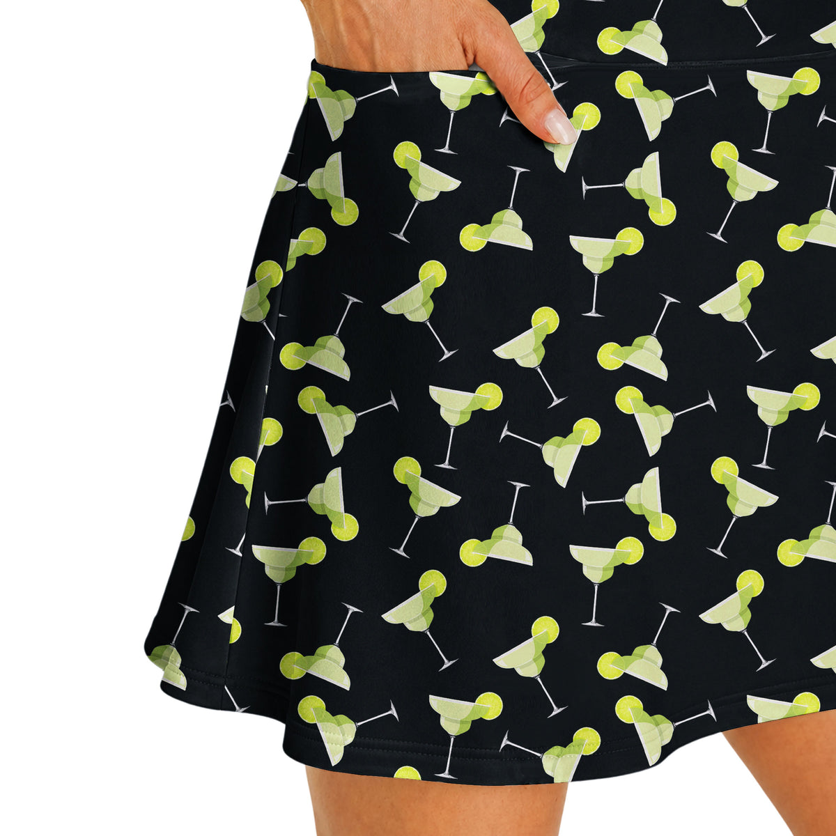 19th Hole Margarita Cocktail Slice Lime golf dress in Black, side pocket holding a golf ball