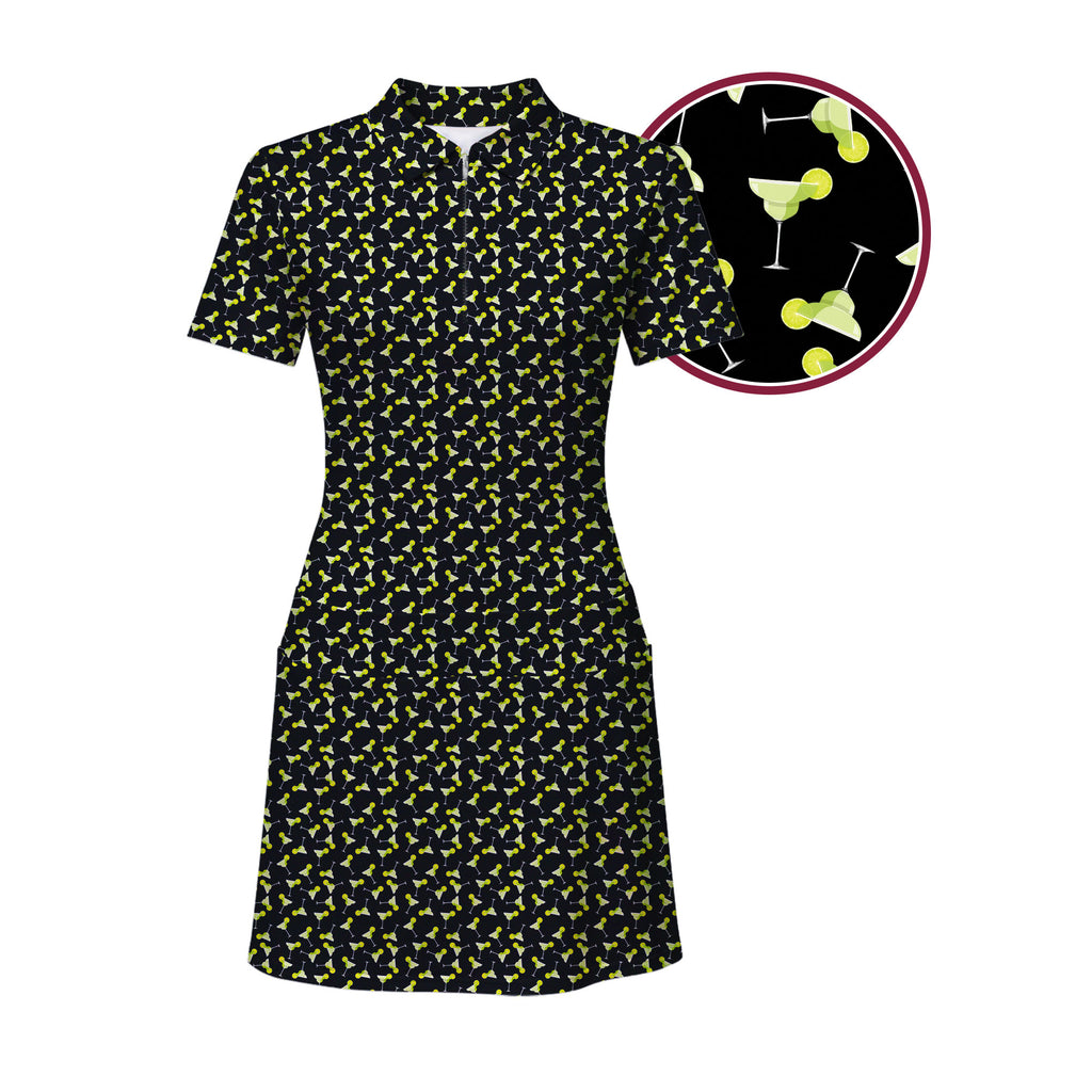 19th Hole Margarita Cocktail Slice Lime women's short sleeve golf dress in Black, close-up of the margarita and lime print