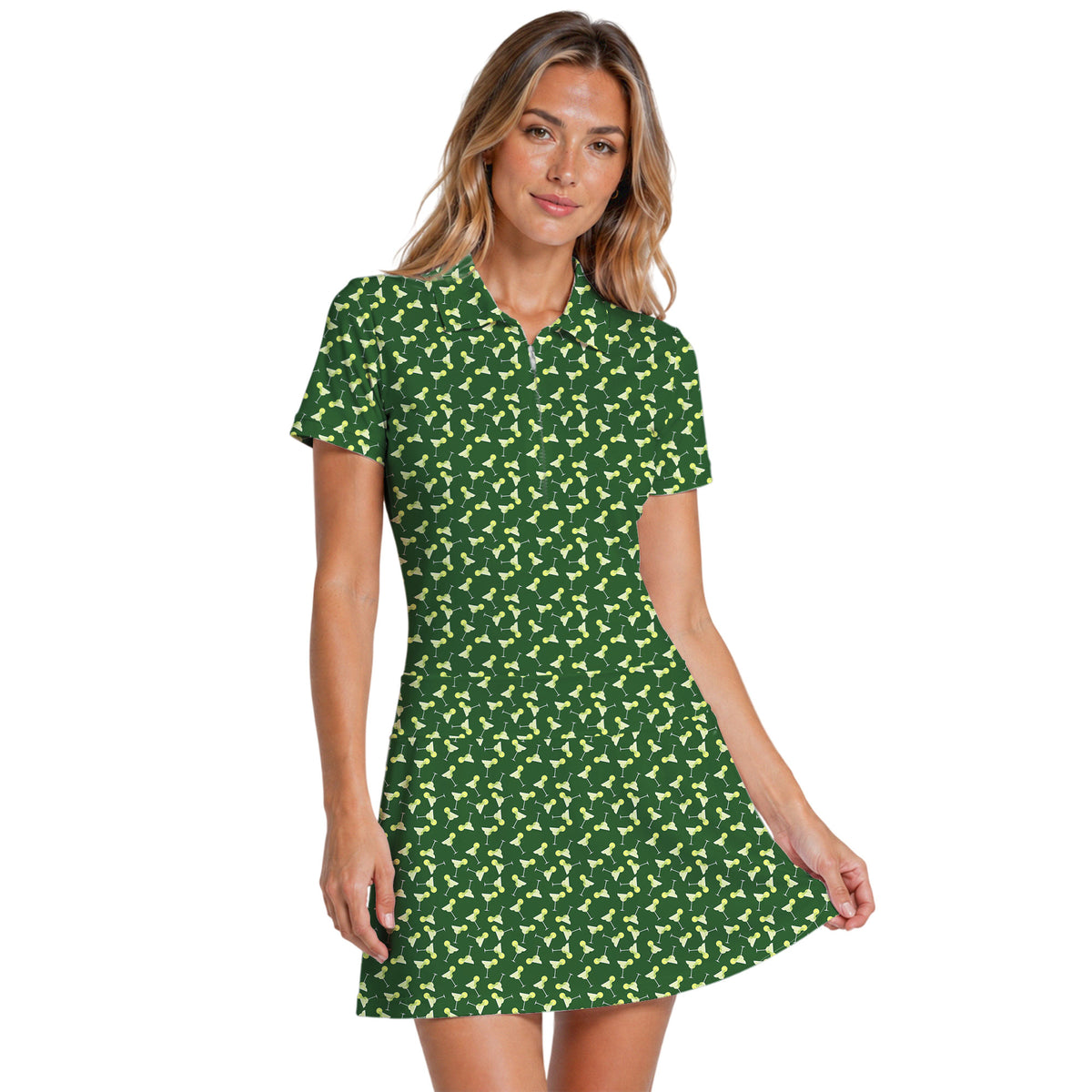 19th Hole Margarita Cocktail Slice Lime golf dress in Green on a golfer, front view