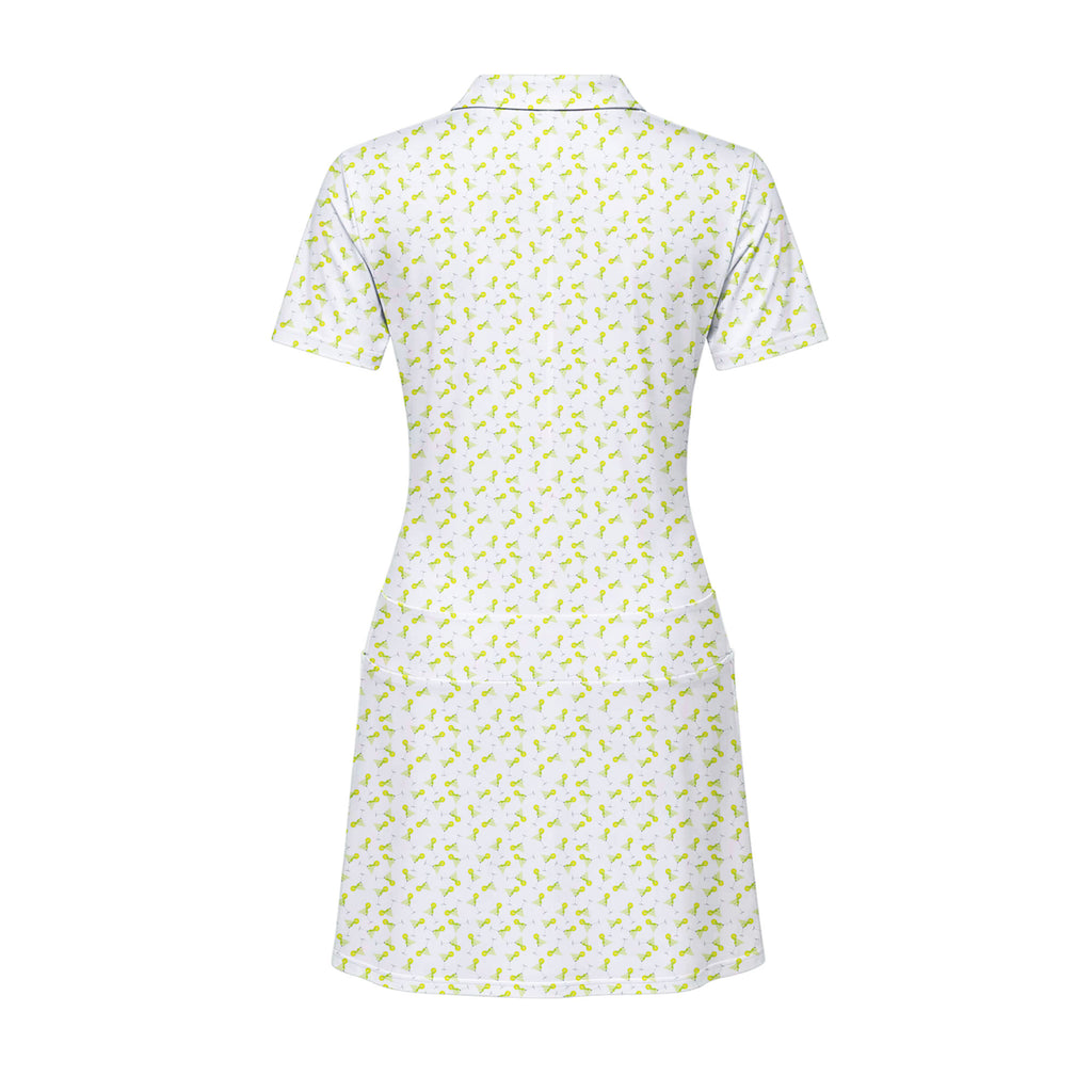 19th Hole Margarita Cocktail Slice Lime women's short sleeve golf dress in White, back flat lay