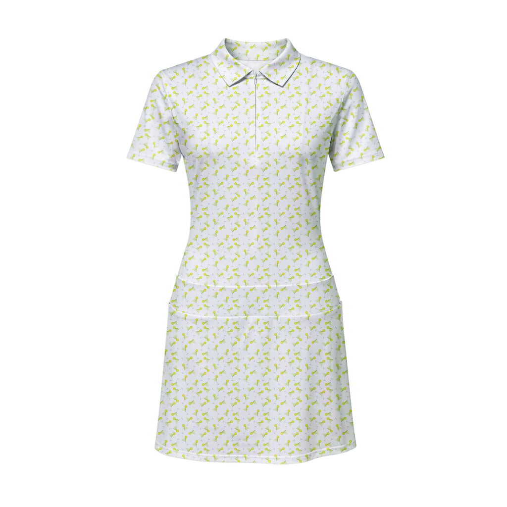 19th Hole Margarita Cocktail Slice Lime women's short sleeve golf dress in White, front flat lay