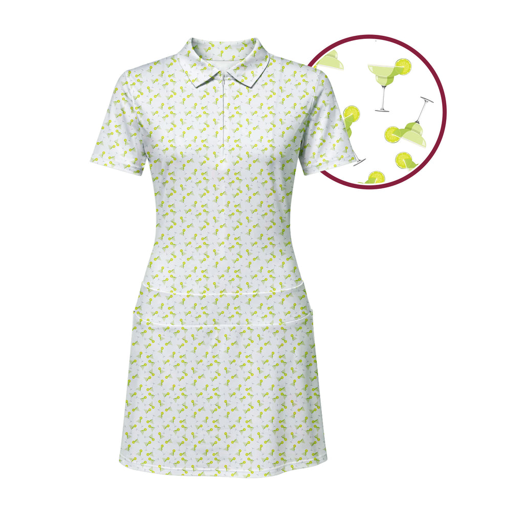 19th Hole Margarita Cocktail Slice Lime women's short sleeve golf dress in White, close-up of the margarita and lime print