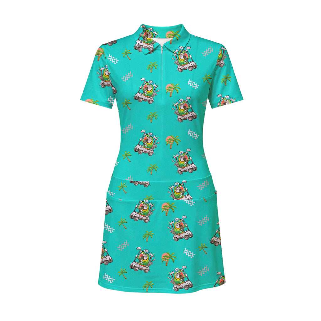 Parrot Drives Golf Cart Short Sleeve Dress