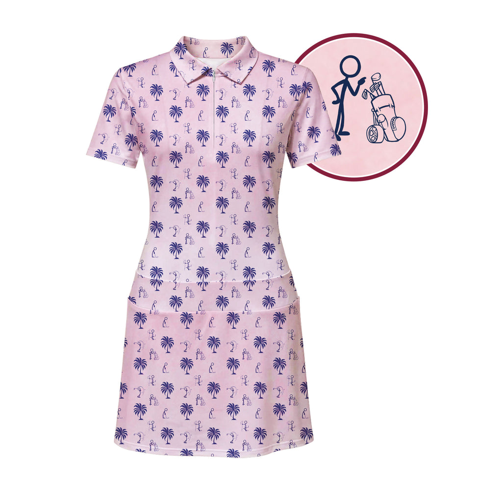 Funny Golf Stick Figures Pink Palm Tree Short Sleeve Dress