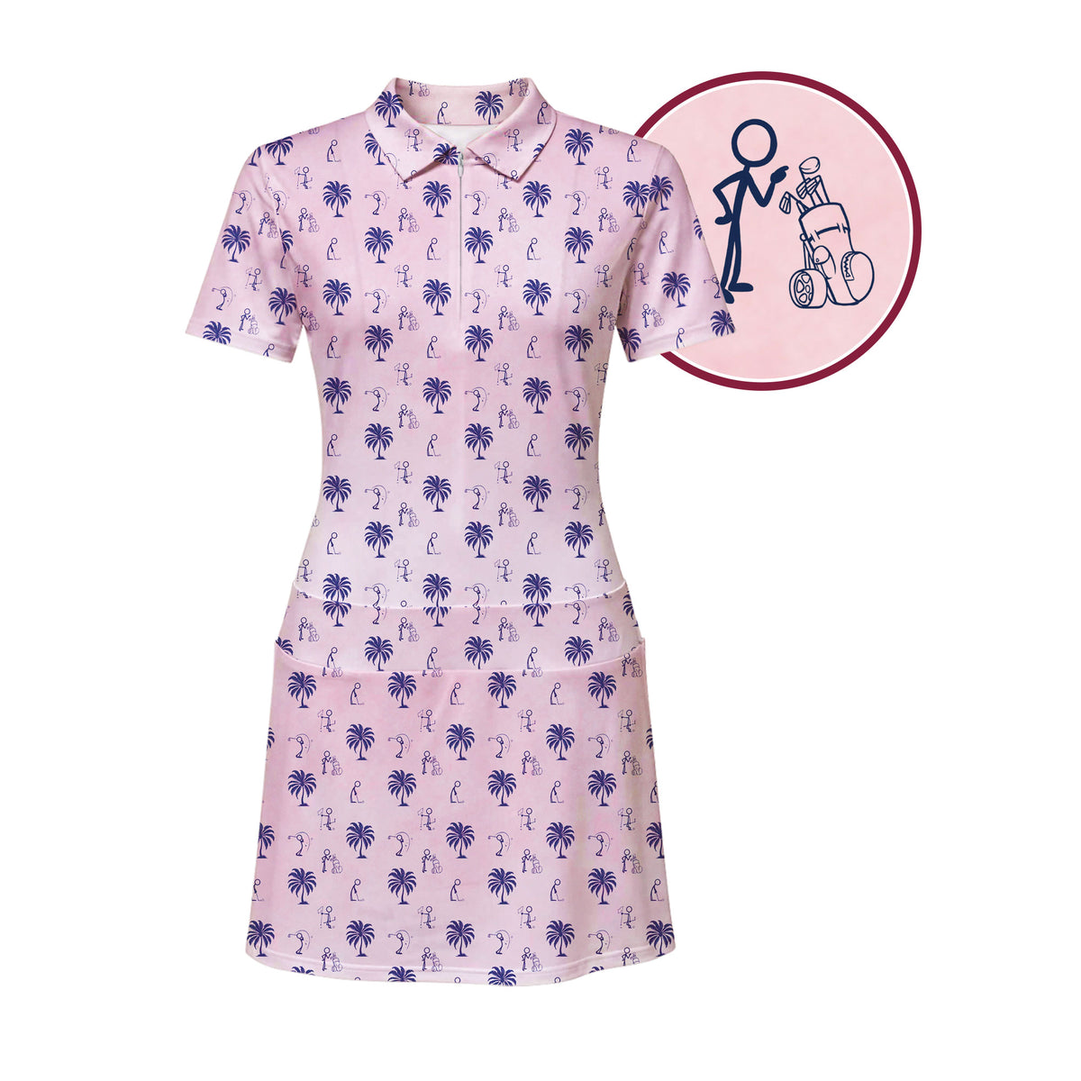 Funny Golf Stick Figures Pink Palm Tree Short Sleeve Dress
