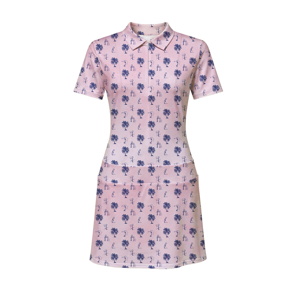 Funny Golf Stick Figures Pink Palm Tree Short Sleeve Dress