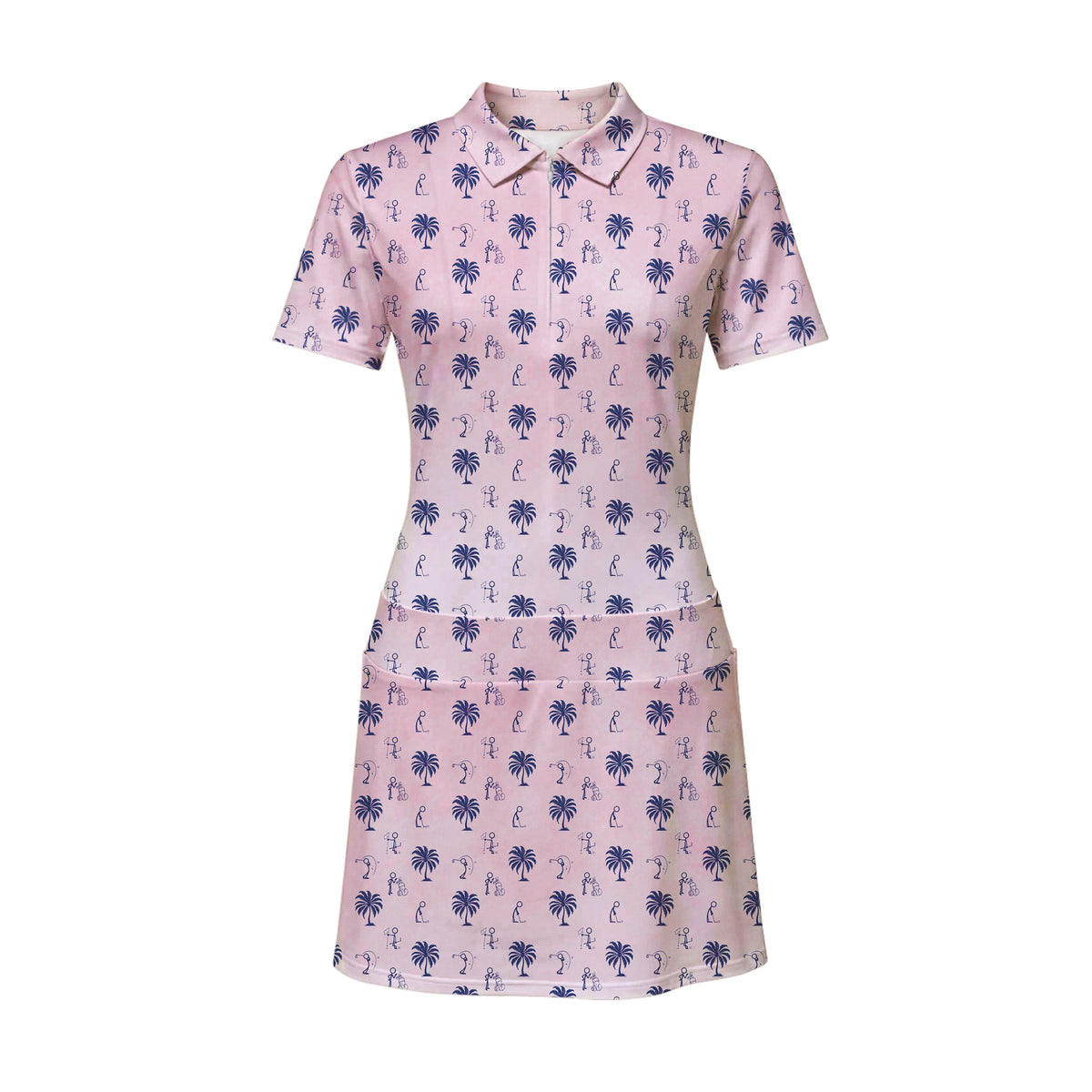 Funny Golf Stick Figures Pink Palm Tree Short Sleeve Dress