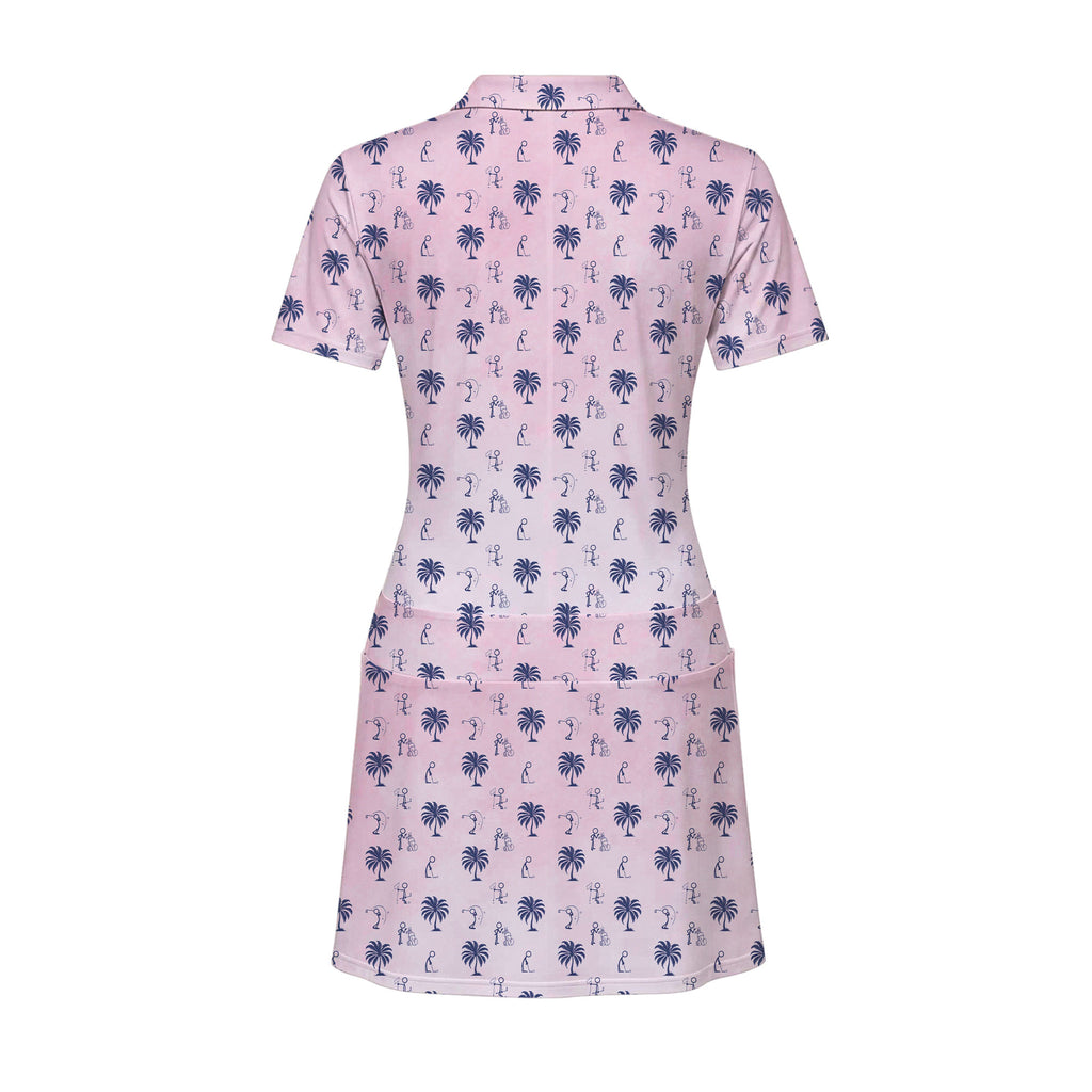 Funny Golf Stick Figures Pink Palm Tree Short Sleeve Dress