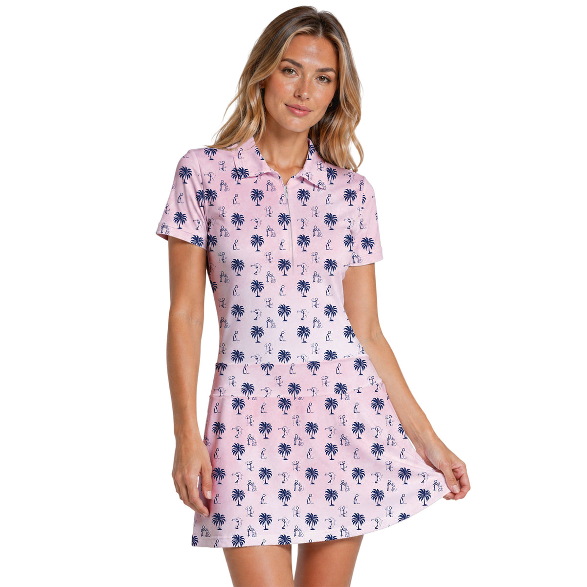 Funny Golf Stick Figures Pink Palm Tree Short Sleeve Dress