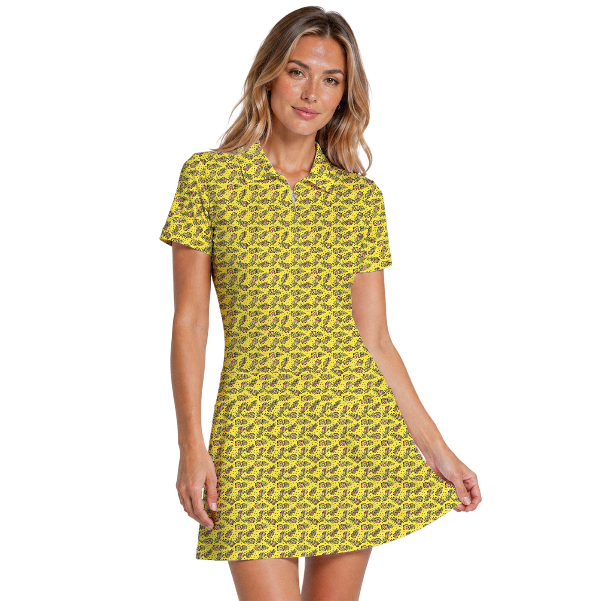 Pineapple Slut Short Sleeve Dress, Women's Golf Polo Dress, Golf Dresses For Women, Golf Zipper Dress with Built-in Shorts – Gerbera Prints