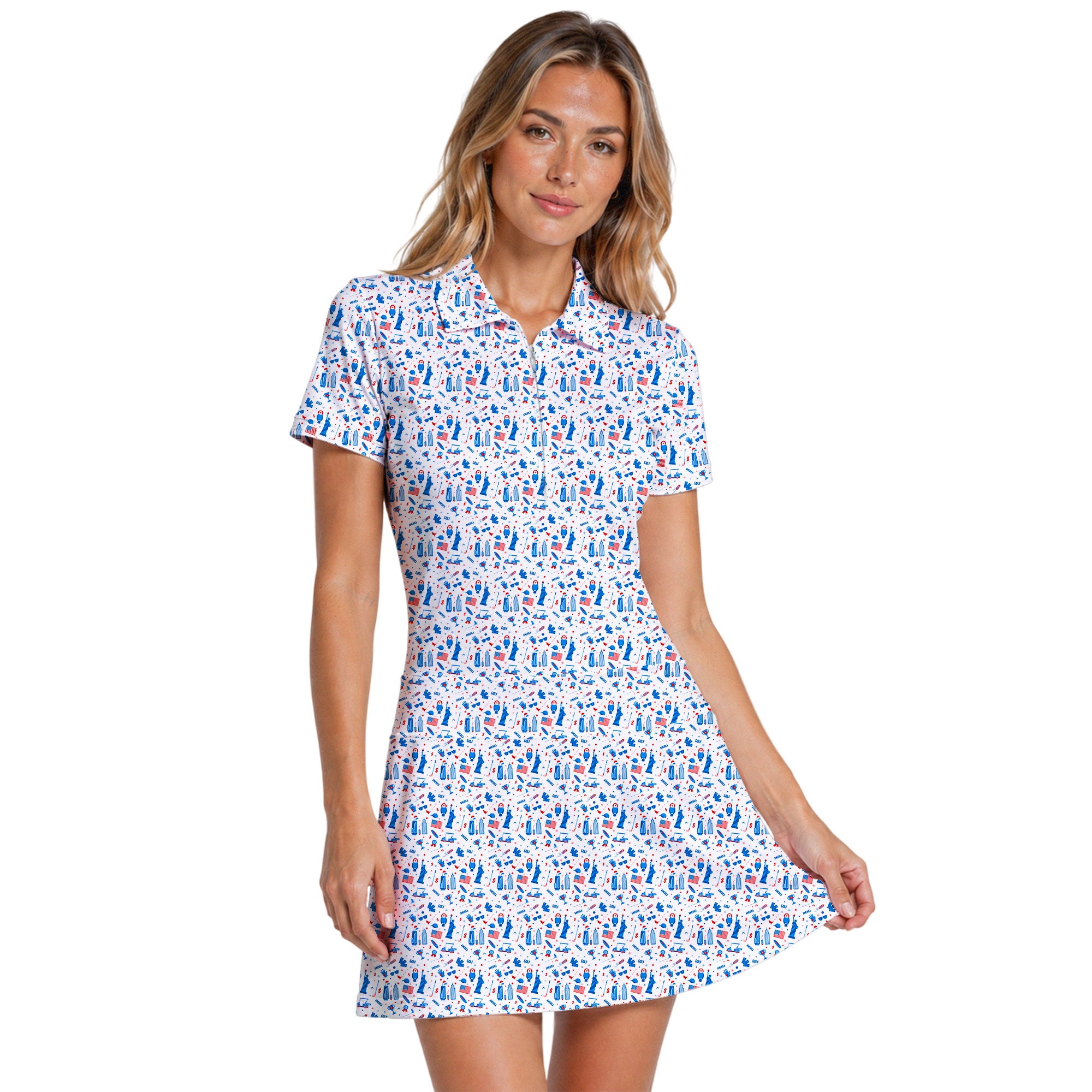America Golf Short Sleeve Dress, Women's Golf Polo Dress, Patriotic Golf Dress, L