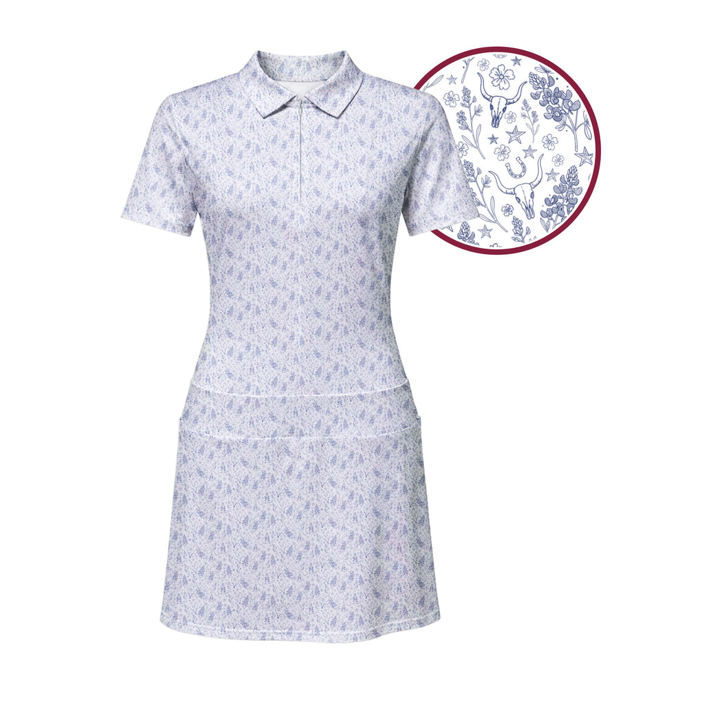 The Bluebonnets women's short sleeve golf dress, close-up of the bluebonnet flower print