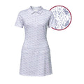 The Bluebonnets women's short sleeve golf dress, close-up of the bluebonnet flower print
