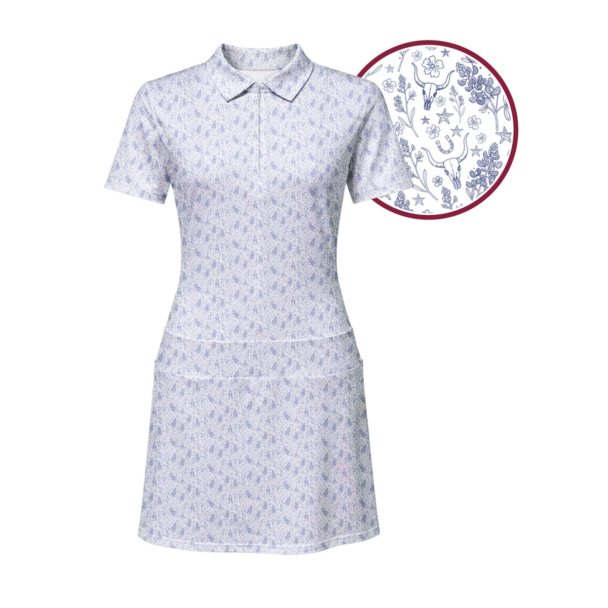 The Bluebonnets women's short sleeve golf dress, close-up of the bluebonnet flower print