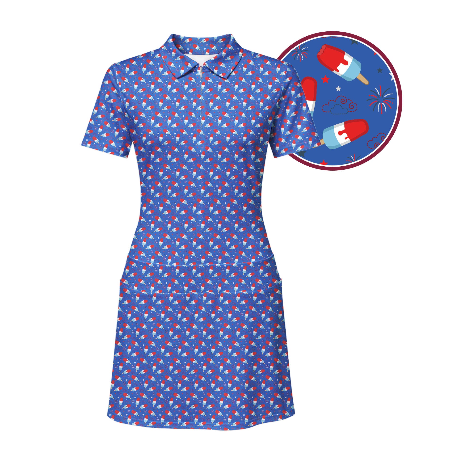 Freedom Pops Short Sleeve Dress, Women's Golf Polo Dress, Patriotic Golf Dress, L