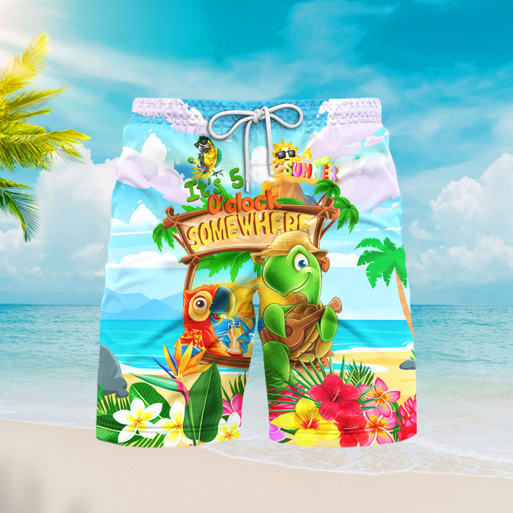 It's 5 O'clock Somewhere Turtle Parrot Beach Shorts For Men