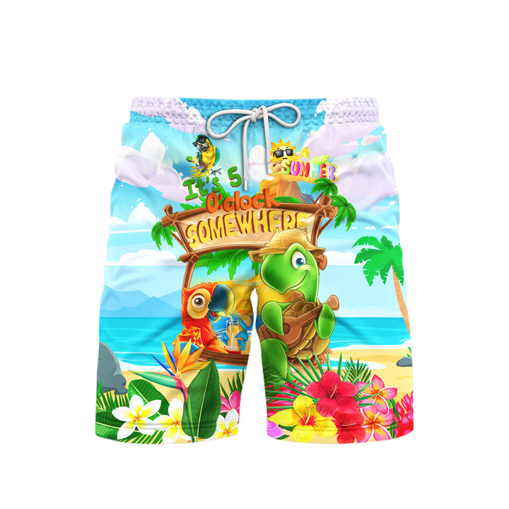 It's 5 O'clock Somewhere Turtle Parrot Beach Shorts For Men