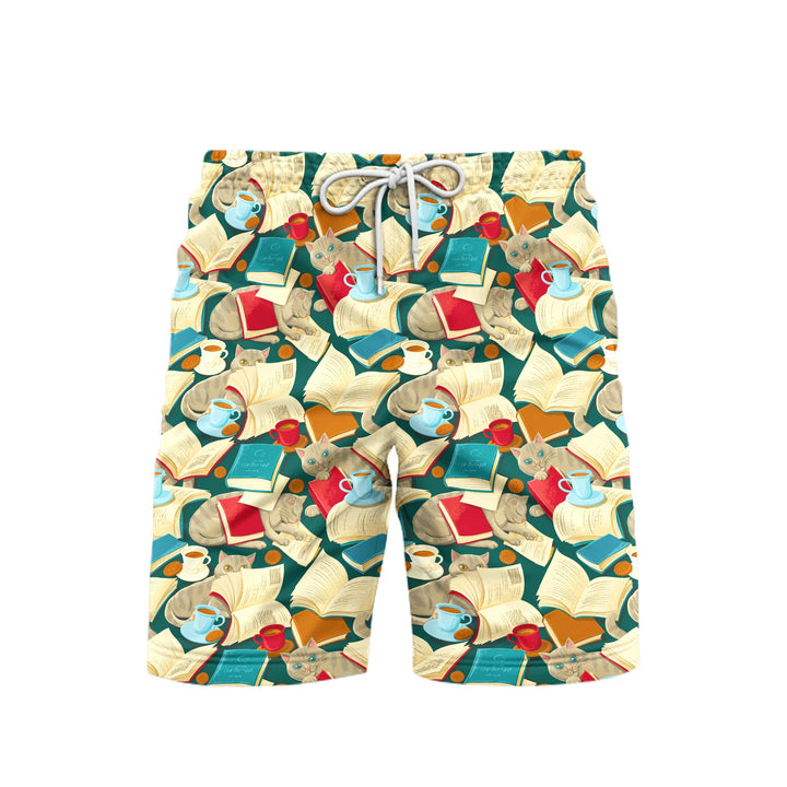 Book Cat Cosy With Cafe Cup Beach Shorts For Men