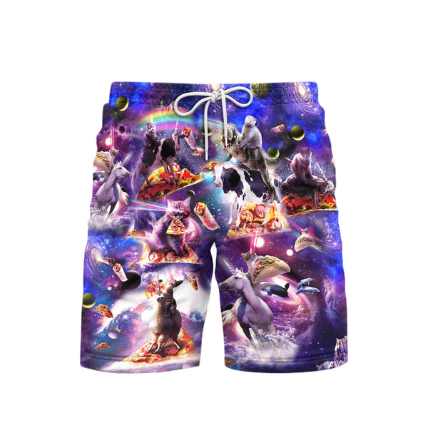 Funny Cat Riding Animal In Galaxy With Taco Beach Shorts For Men