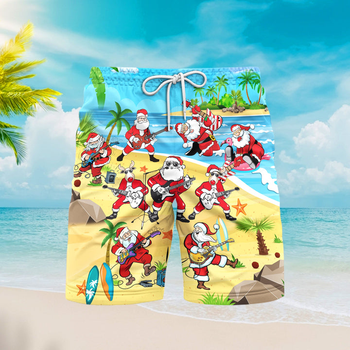 Christmas Santa Playing Guitar On Beach Beach Shorts For Men