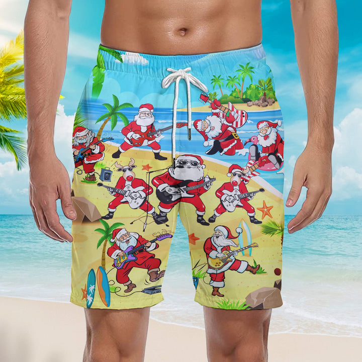 Christmas Santa Playing Guitar On Beach Beach Shorts For Men