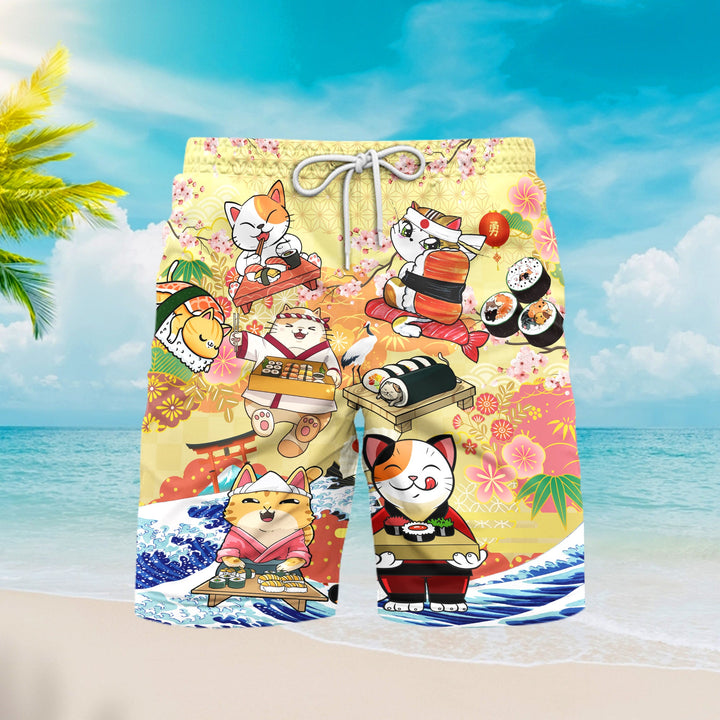 Keep Calm And Eat Sushi Cat Beach Shorts For Men