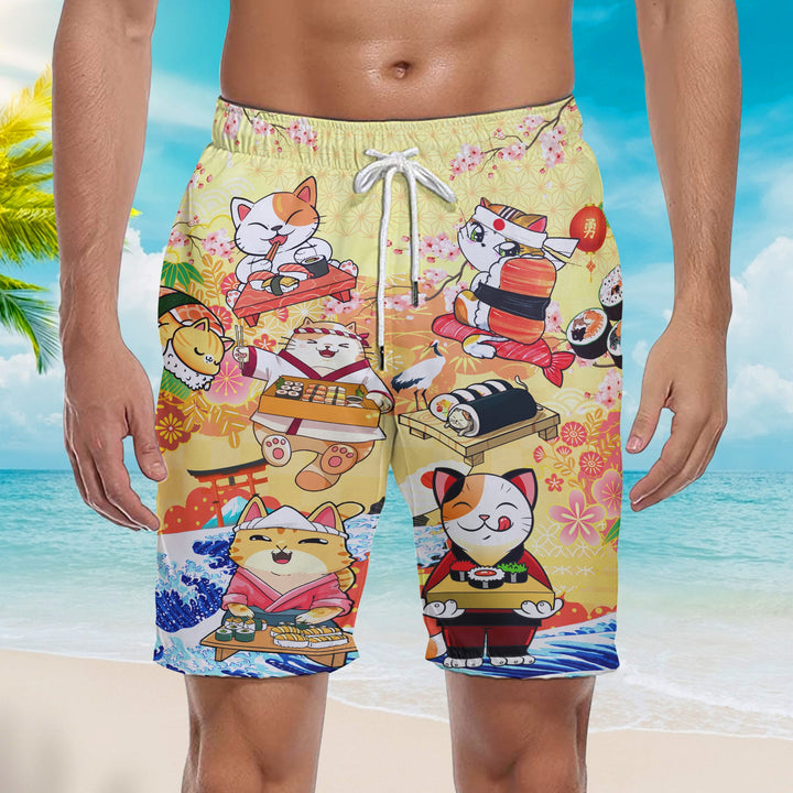 Keep Calm And Eat Sushi Cat Beach Shorts For Men