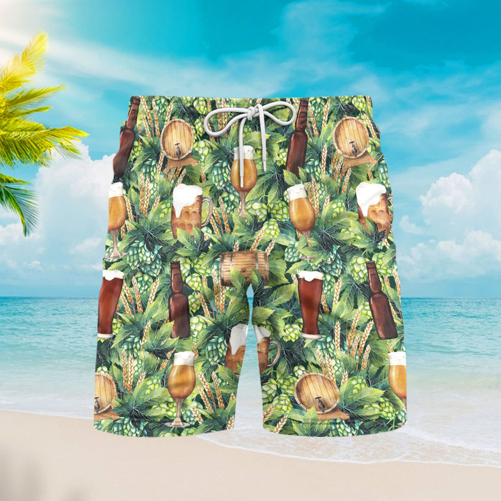 Oktoberfest Hops And Craft Beer Barley Pattern Green Beach Shorts For Men