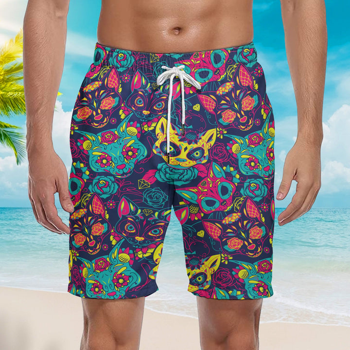 Day Of The Dead Colorful Sugar Cat Skull With Floral Beach Shorts For Men