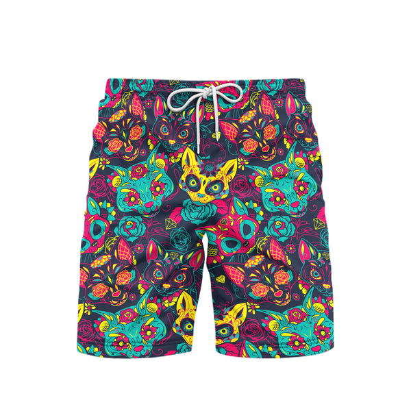 Day Of The Dead Colorful Sugar Cat Skull With Floral Beach Shorts For Men