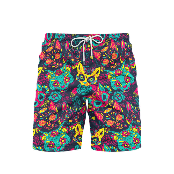 Day Of The Dead Colorful Sugar Cat Skull With Floral Beach Shorts For Men