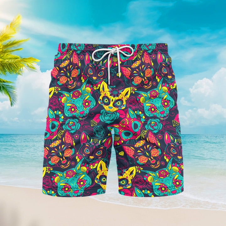 Day Of The Dead Colorful Sugar Cat Skull With Floral Beach Shorts For Men