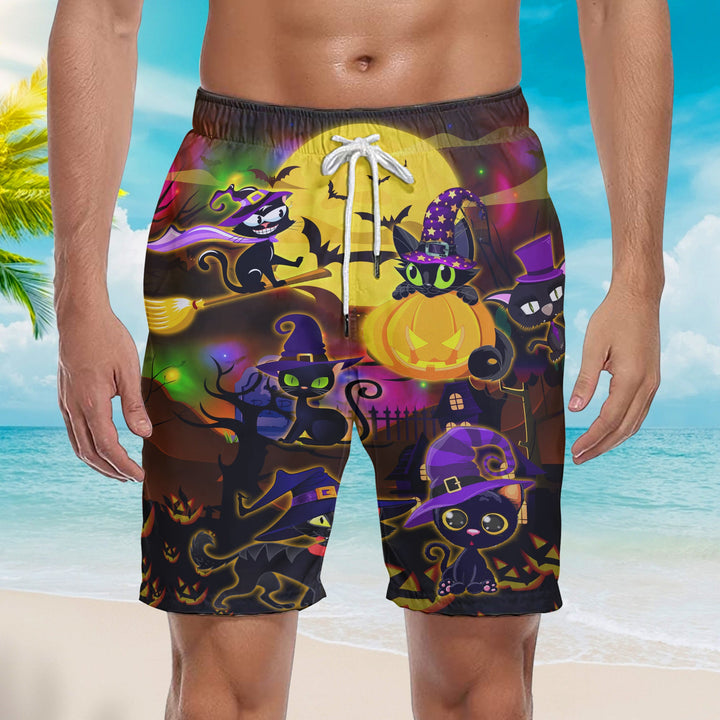 Halloween Black Cat Witch Purple Light And Moon At Night Beach Shorts For Men