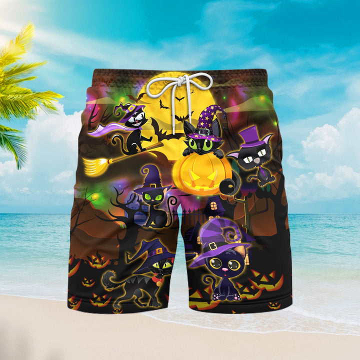 Halloween Black Cat Witch Purple Light And Moon At Night Beach Shorts For Men
