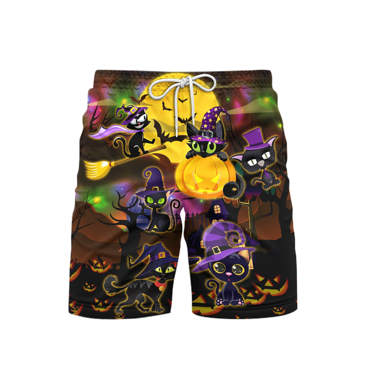 Halloween Black Cat Witch Purple Light And Moon At Night Beach Shorts For Men