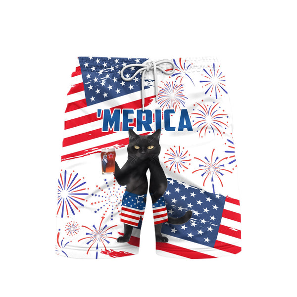 Independence Day 4th Of July Black Cat Beach Shorts For Men