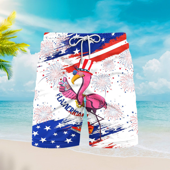 Independence Day 4th of July Flamingo Flamerican Beach Shorts For Men