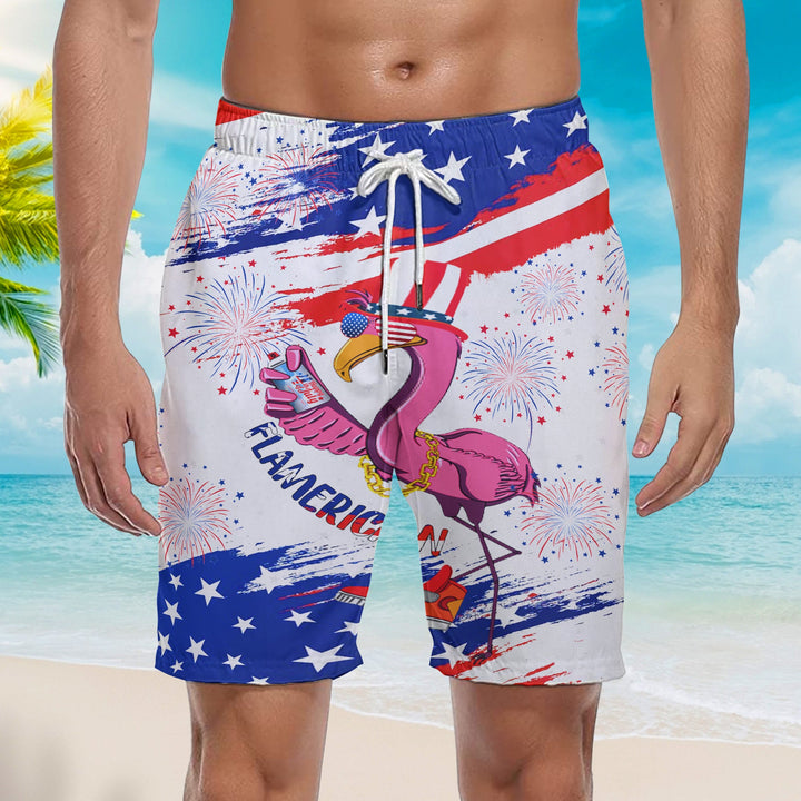 Independence Day 4th of July Flamingo Flamerican Beach Shorts For Men