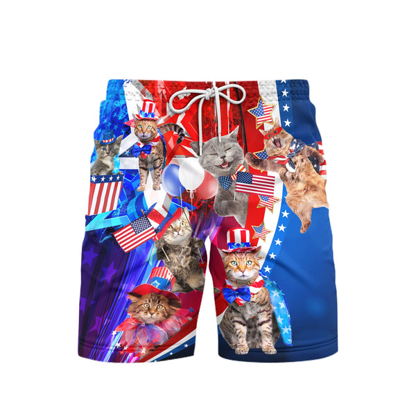 Independence Day 4th of July Cat Happy American Flag Beach Shorts For Men